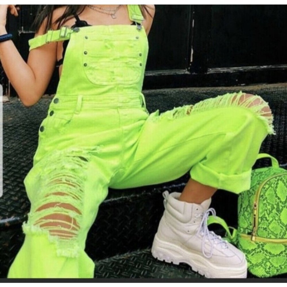 NEW CARMAR Neon Yellow Green Jean Denim Overalls - Picture 1 of 7